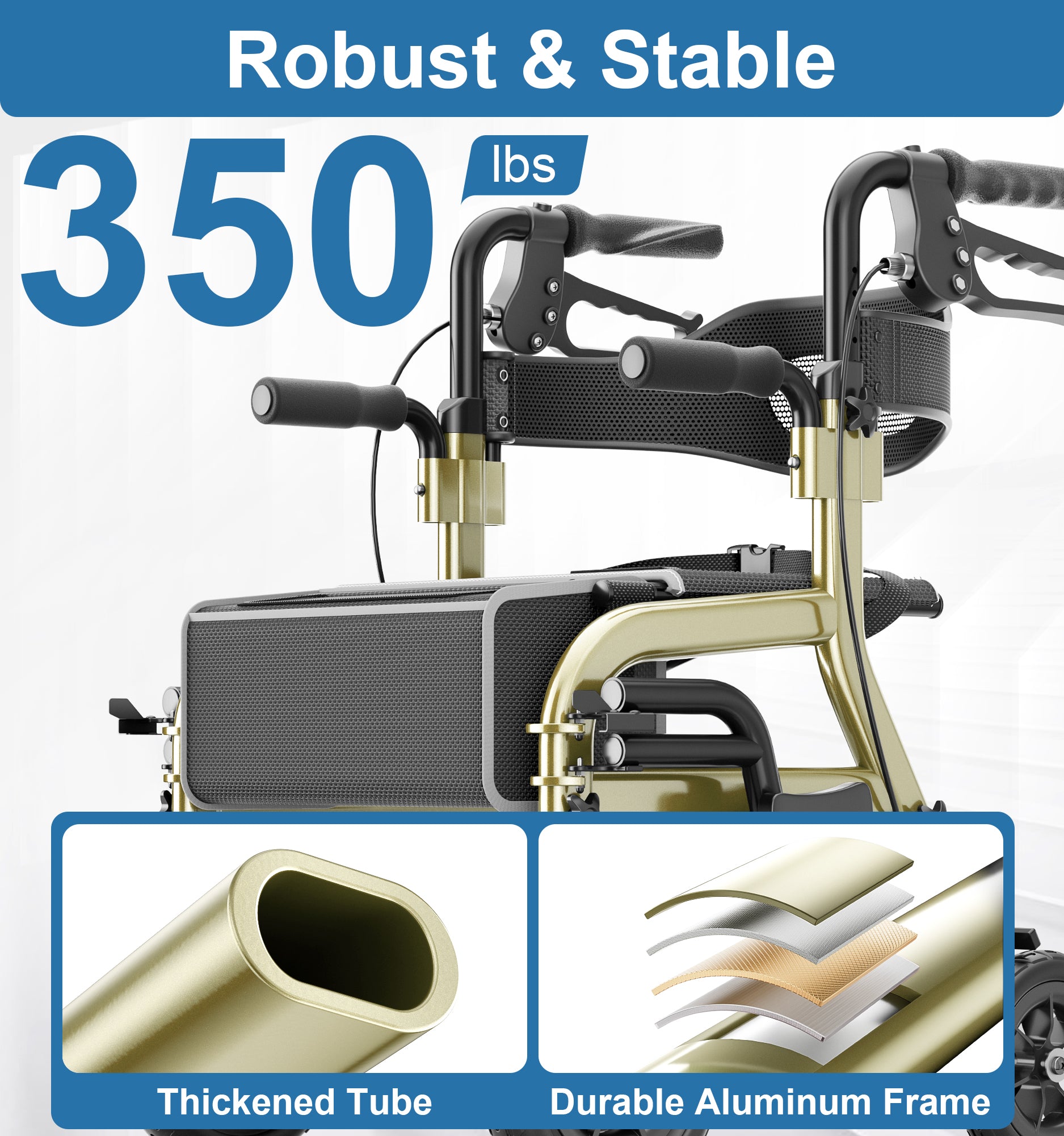 R12 HOMLAND Walkers for Seniors with Seat, Foldable 2 in 1 Rollator Walker Wheelchair Combo, 10" All Terrain Transport Chair with Brakes, Adjustable Seat & Handles, 350lb Capacity, Storage Bag