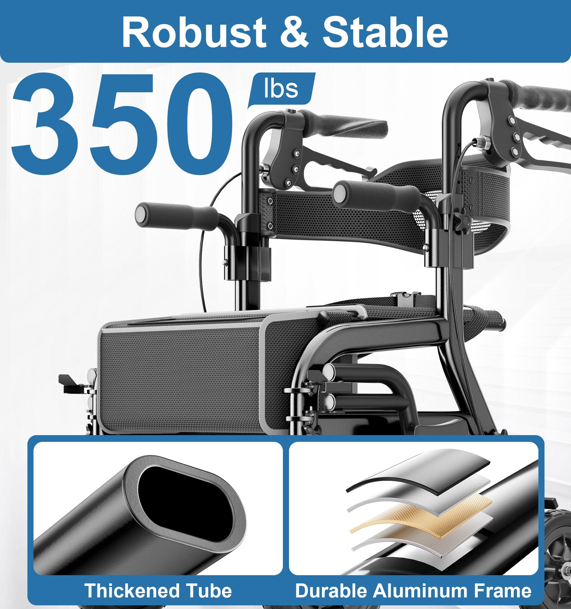 R12 HOMLAND Walkers for Seniors with Seat, Foldable 2 in 1 Rollator Walker Wheelchair Combo, 10" All Terrain Transport Chair with Brakes, Adjustable Seat & Handles, 350lb Capacity, Storage Bag