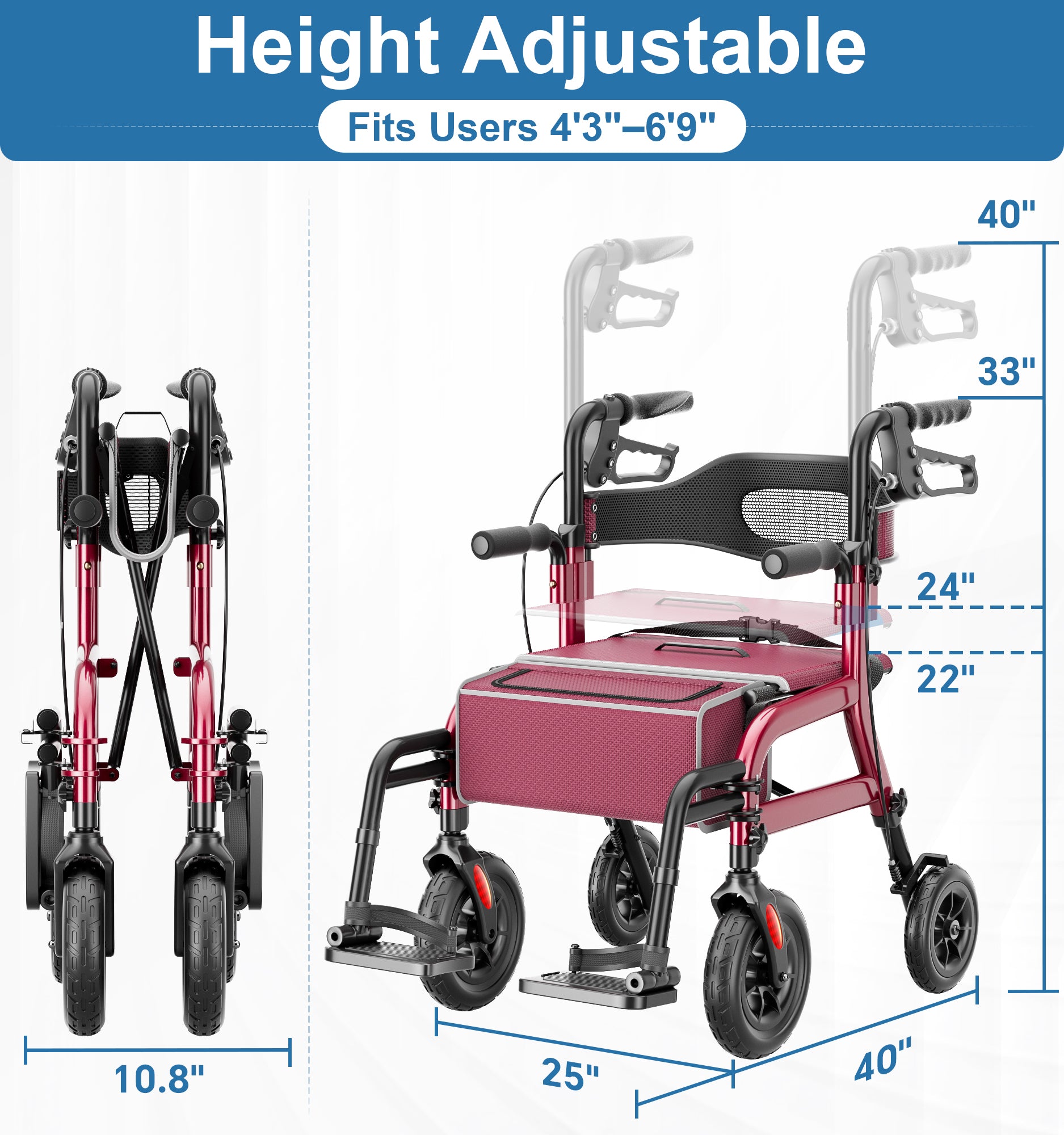 R12 HOMLAND Walkers for Seniors with Seat, Foldable 2 in 1 Rollator Walker Wheelchair Combo, 10" All Terrain Transport Chair with Brakes, Adjustable Seat & Handles, 350lb Capacity, Storage Bag