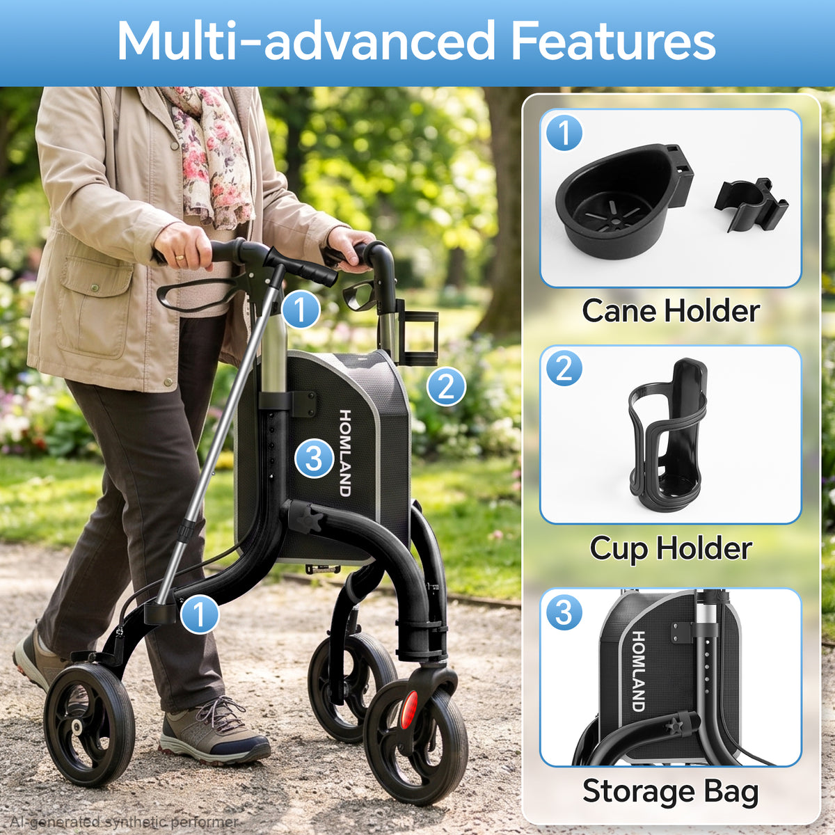 RW310 Ultra Lightweight 3-Wheel Rollator #Color_Black