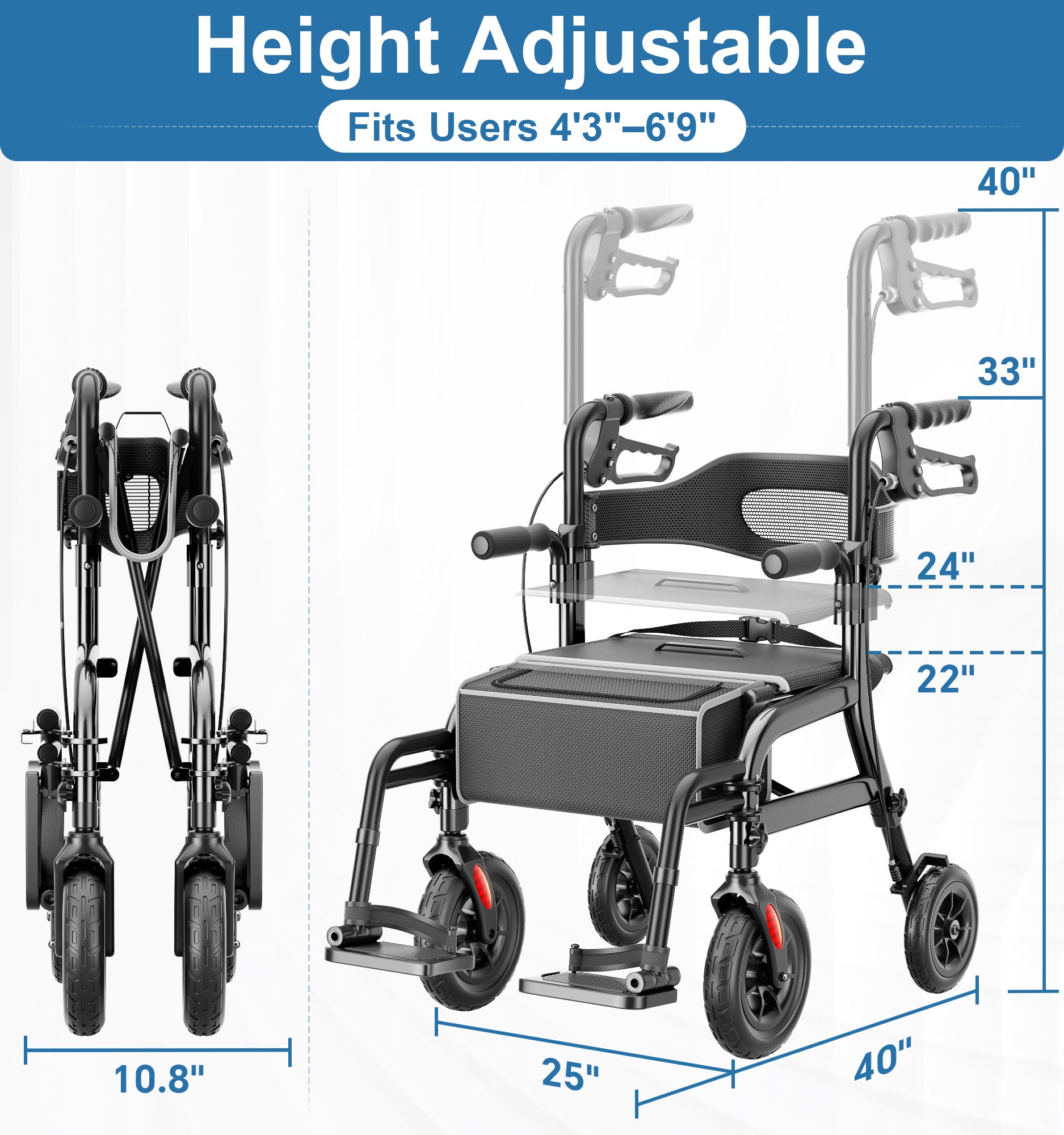 R12 HOMLAND Walkers for Seniors with Seat, Foldable 2 in 1 Rollator Walker Wheelchair Combo, 10" All Terrain Transport Chair with Brakes, Adjustable Seat & Handles, 350lb Capacity, Storage Bag