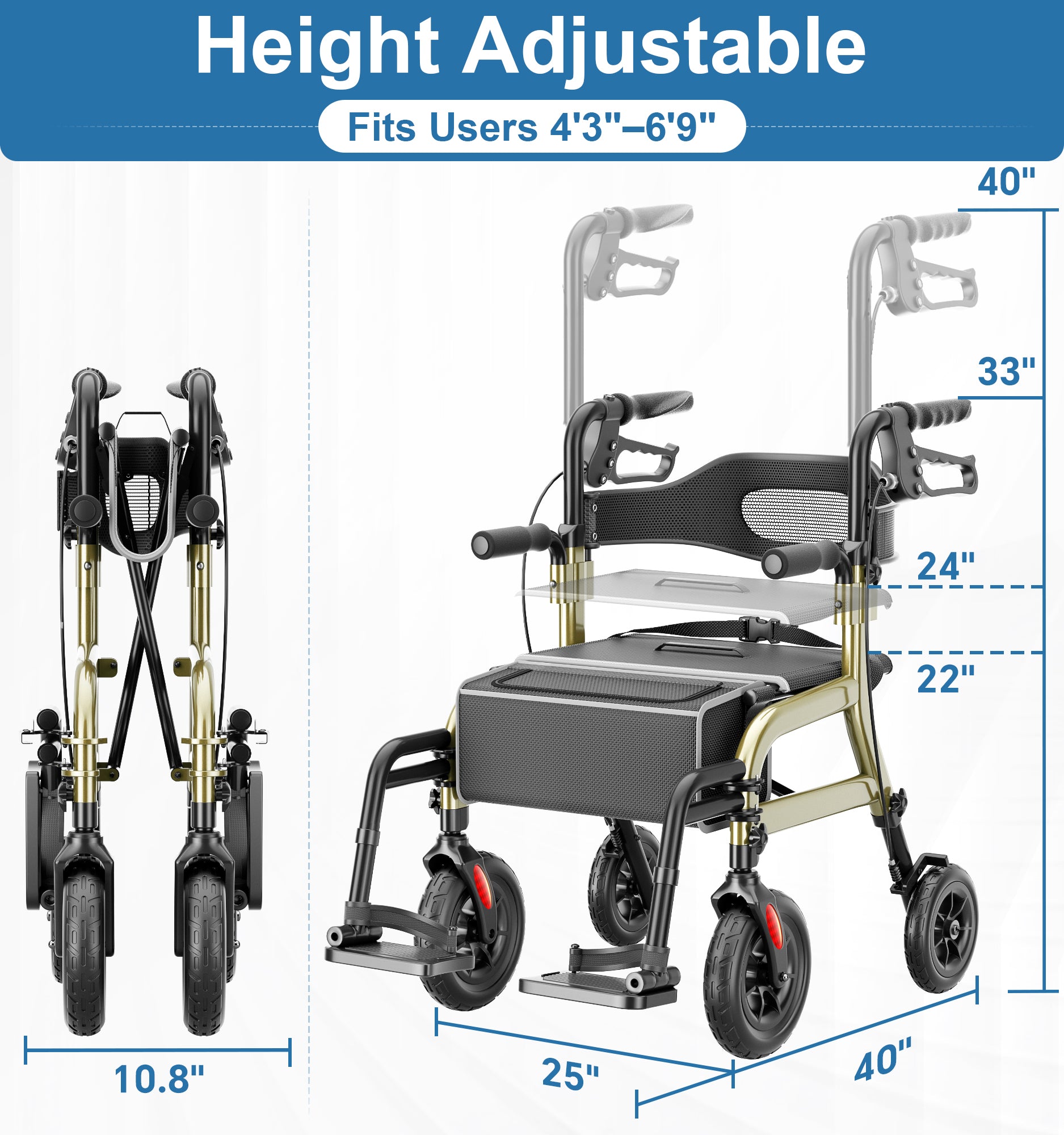 R12 HOMLAND Walkers for Seniors with Seat, Foldable 2 in 1 Rollator Walker Wheelchair Combo, 10" All Terrain Transport Chair with Brakes, Adjustable Seat & Handles, 350lb Capacity, Storage Bag