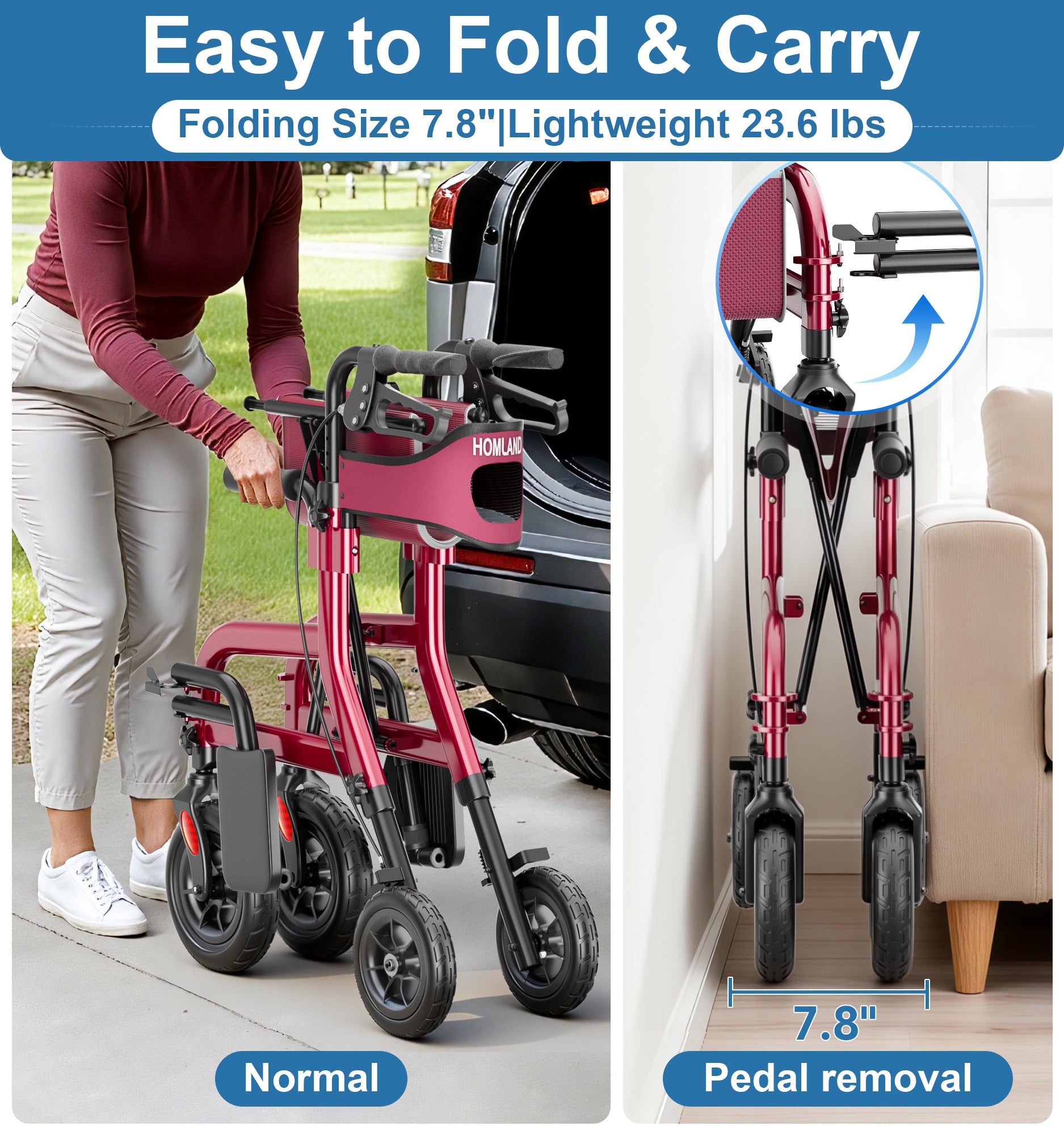 R12 HOMLAND Walkers for Seniors with Seat, Foldable 2 in 1 Rollator Walker Wheelchair Combo, 10" All Terrain Transport Chair with Brakes, Adjustable Seat & Handles, 350lb Capacity, Storage Bag