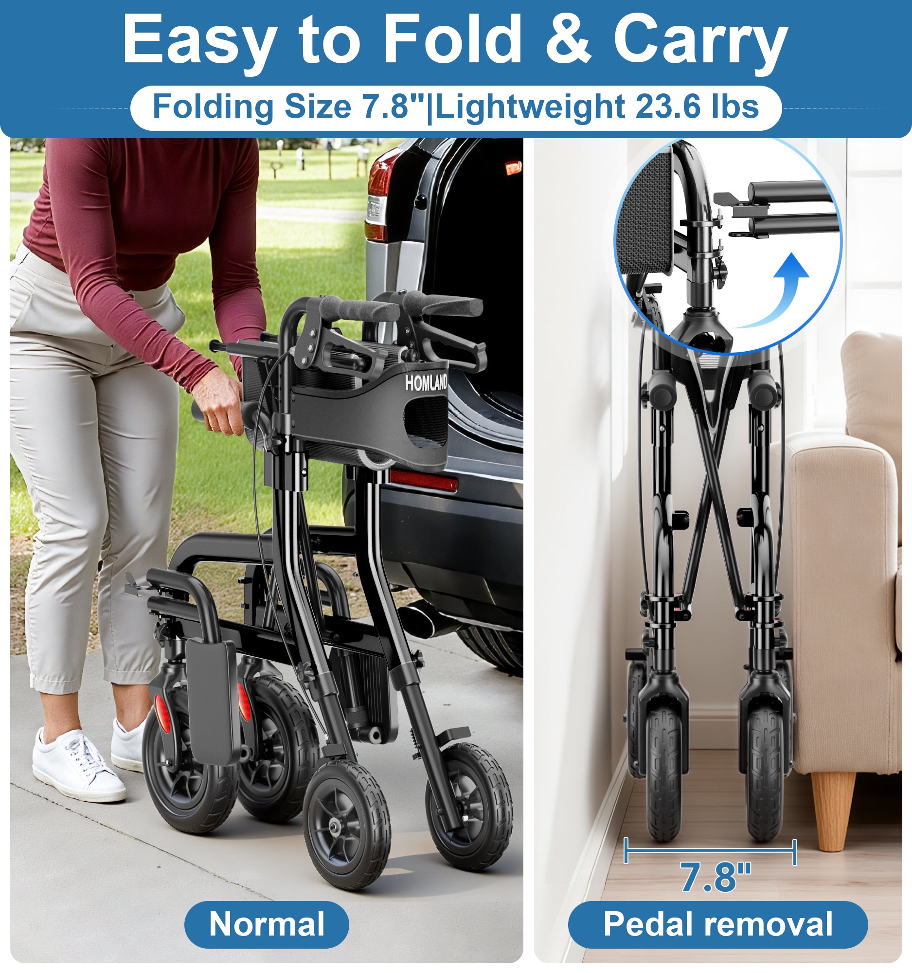R12 HOMLAND Walkers for Seniors with Seat, Foldable 2 in 1 Rollator Walker Wheelchair Combo, 10" All Terrain Transport Chair with Brakes, Adjustable Seat & Handles, 350lb Capacity, Storage Bag