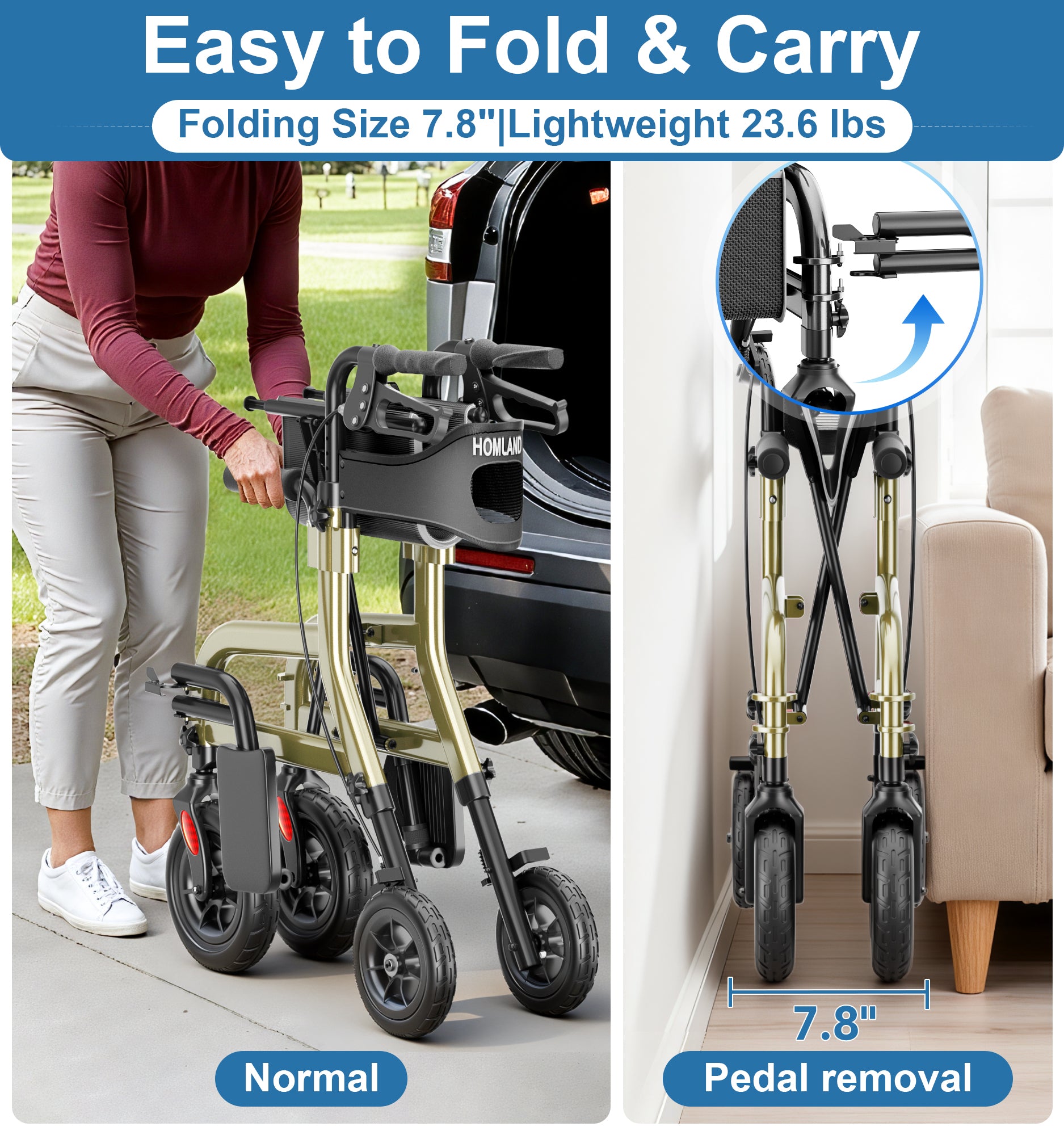R12 HOMLAND Walkers for Seniors with Seat, Foldable 2 in 1 Rollator Walker Wheelchair Combo, 10" All Terrain Transport Chair with Brakes, Adjustable Seat & Handles, 350lb Capacity, Storage Bag