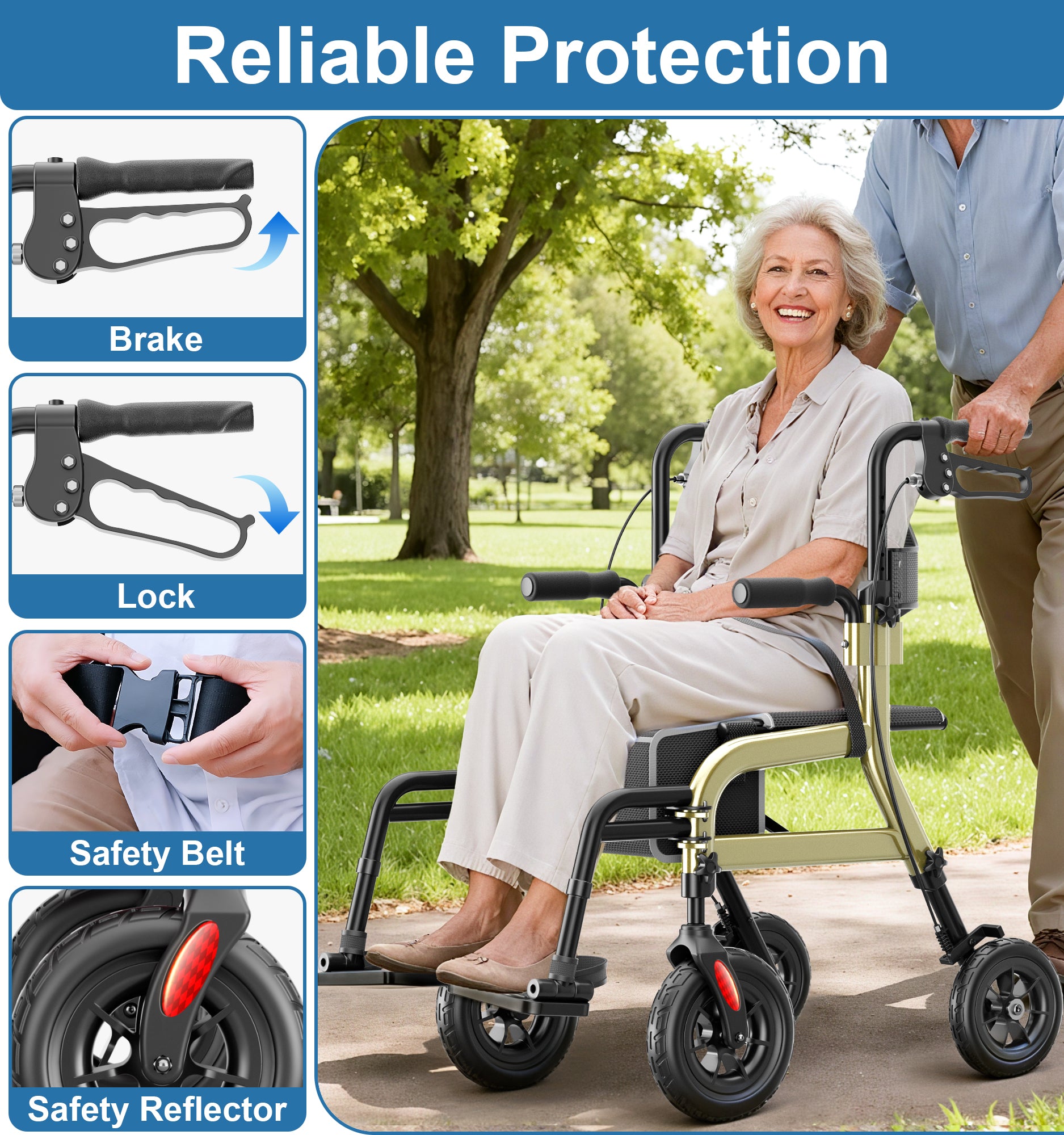 R12 HOMLAND Walkers for Seniors with Seat, Foldable 2 in 1 Rollator Walker Wheelchair Combo, 10" All Terrain Transport Chair with Brakes, Adjustable Seat & Handles, 350lb Capacity, Storage Bag