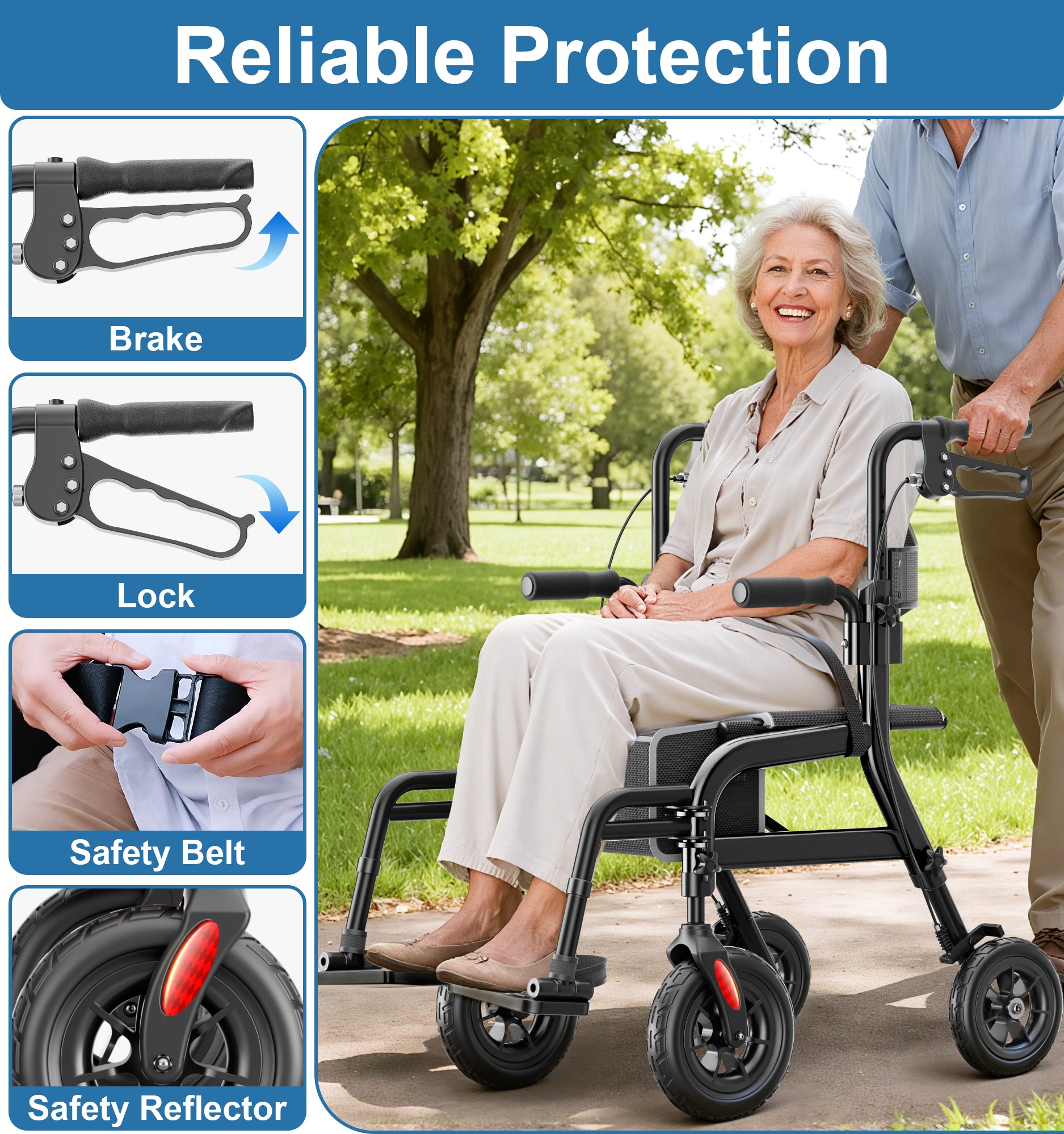 R12 HOMLAND Walkers for Seniors with Seat, Foldable 2 in 1 Rollator Walker Wheelchair Combo, 10" All Terrain Transport Chair with Brakes, Adjustable Seat & Handles, 350lb Capacity, Storage Bag