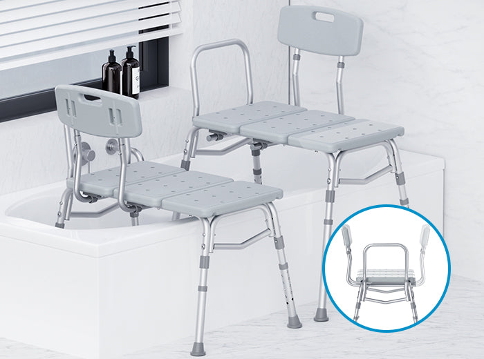 Two BC4 transfer benches showing reversible backrest positions for left or right tub entry