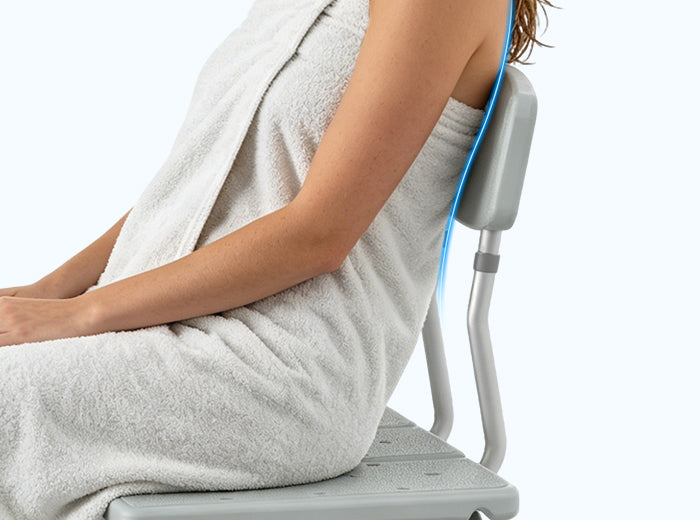 Close-up of the BC4 transfer bench backrest supporting a seated user