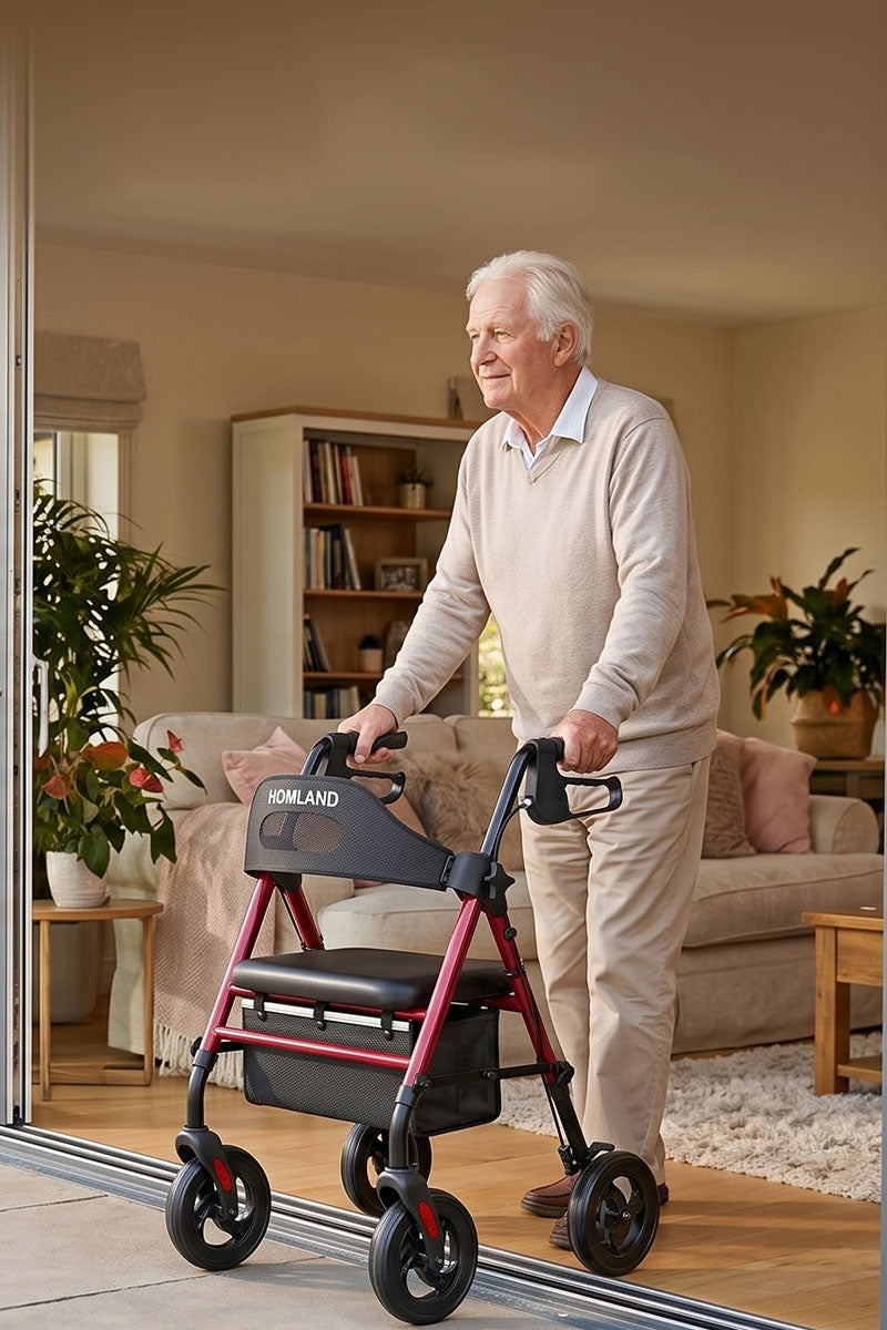 HOMLAND rollator walker for seniors with stable brakes and smooth indoor-to-outdoor mobility support