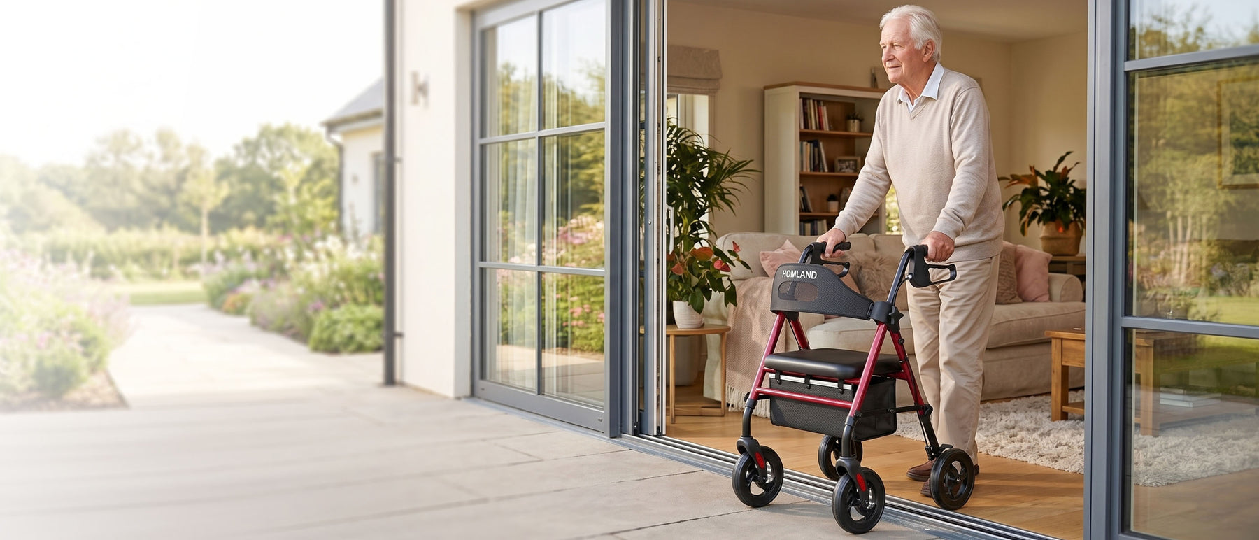 HOMLAND rollator walker for seniors with stable brakes and smooth indoor-to-outdoor mobility support