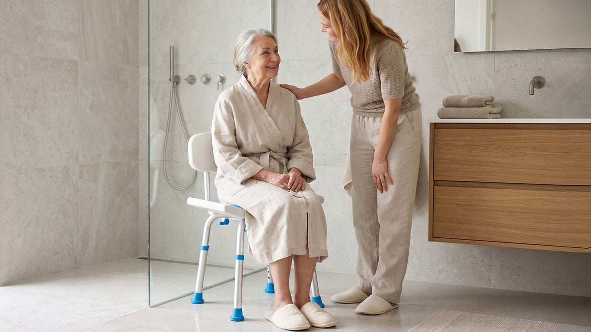 HOMLAND shower chair helping seniors bathe safely with caregiver support in the bathroom
