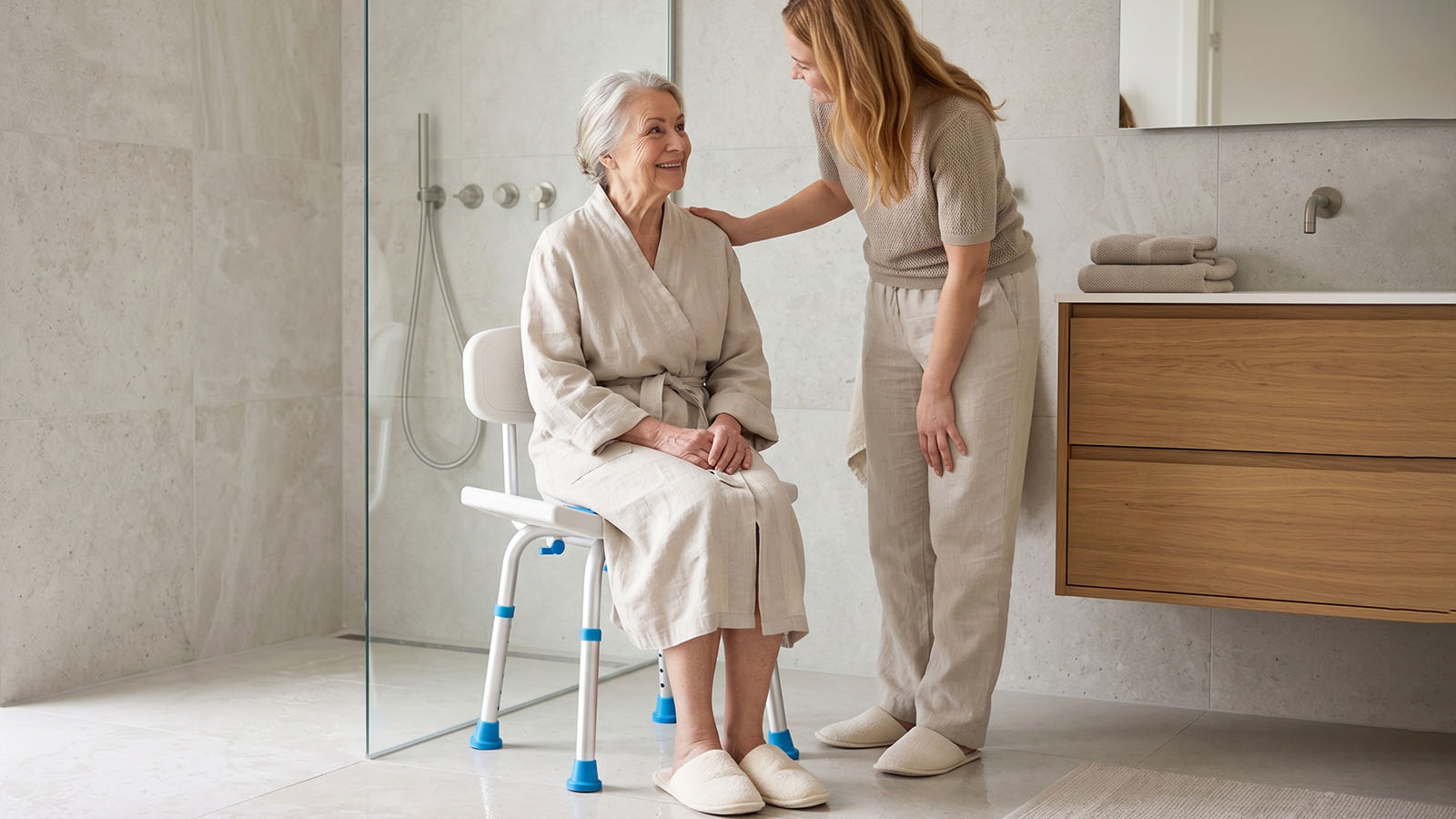 HOMLAND shower chair helping seniors bathe safely with caregiver support in the bathroom