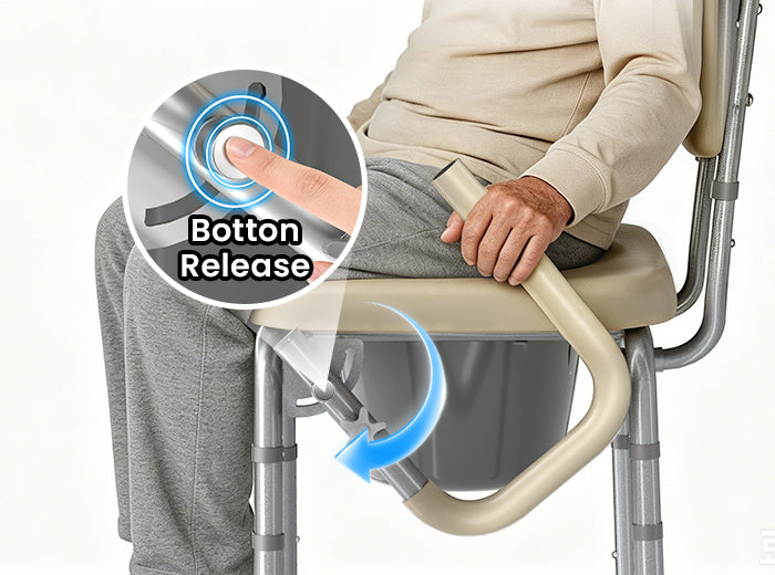 Close-up of HOMLAND C12 drop-down armrest release button beside a seated user