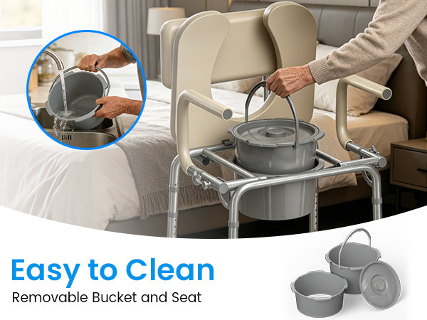 Caregiver removing and rinsing the HOMLAND C12 commode bucket for cleaning