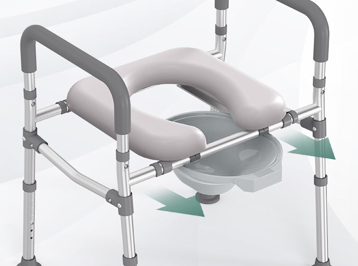 C2 raised toilet seat with removable bedpan sliding out from under the padded seat