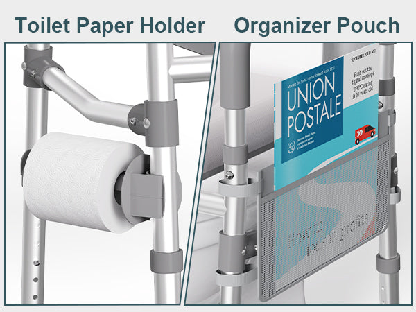 Close-up of C2 toilet paper holder and organizer pouch attached to the side frame