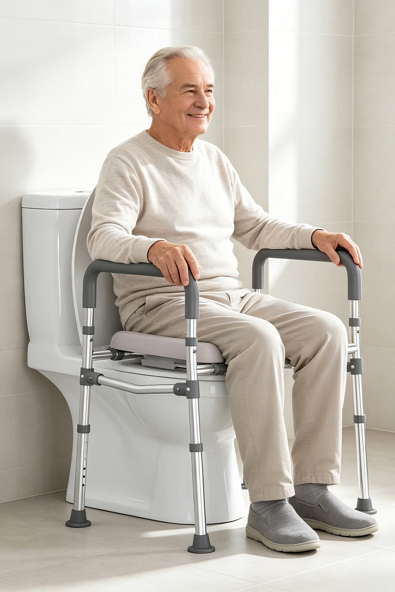 Older man seated on the C2 raised toilet seat with both hands on the padded handles