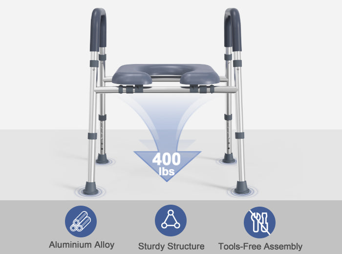 C3 raised toilet seat capacity graphic showing 400 lb support, aluminum alloy frame, and tool-free assembly