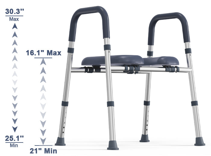 C3 toilet seat riser height graphic showing six settings and 25.1 to 30.3 inch handle height