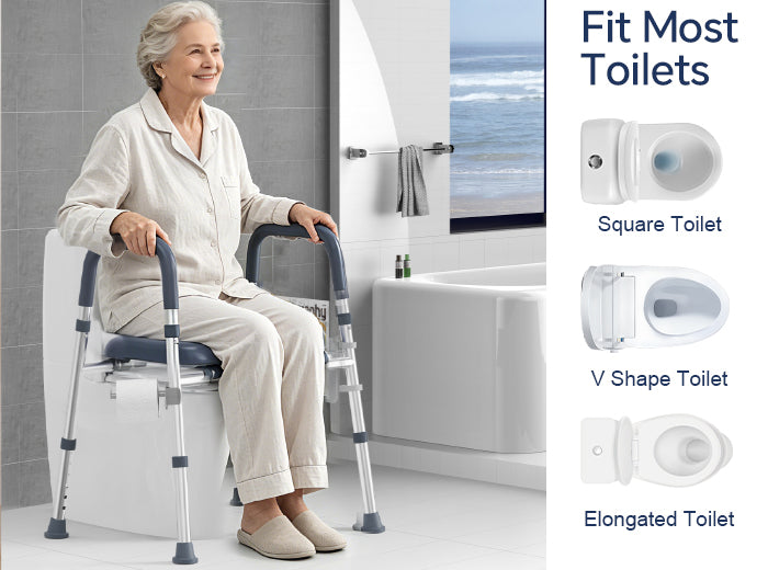 An old lady is sitting on C3 raised toilet seat showing fit for square, suspended, and V-shaped toilets
