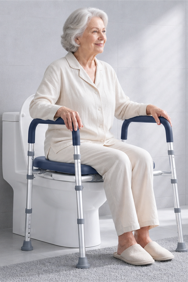 Older woman seated on the C3 raised toilet seat while holding the side handles