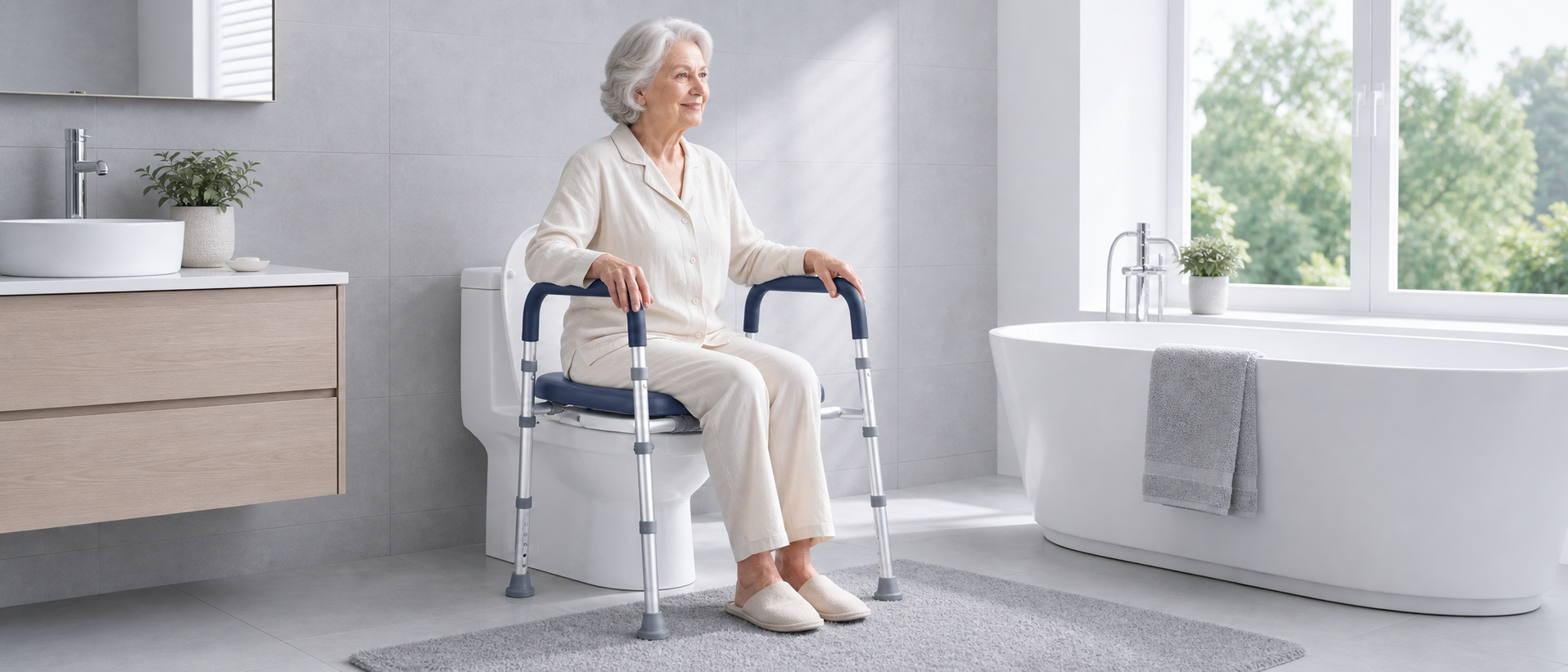 Older woman seated on the C3 raised toilet seat while holding the side handles