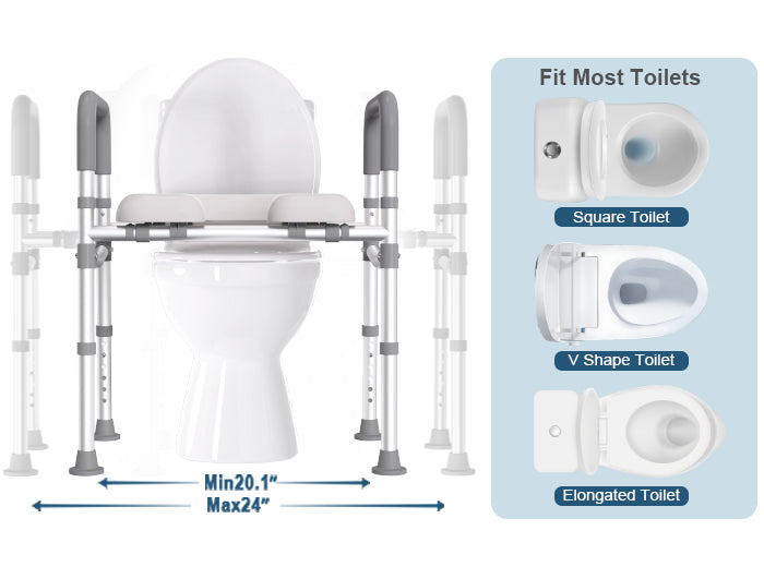 C4 raised toilet seat positioned over a standard home toilet, three different kind of toilets listing on the side