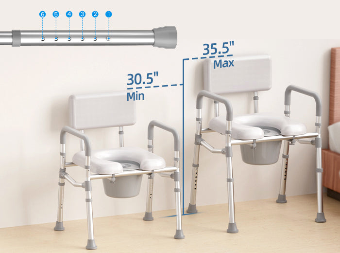 HOMLAND C9 bedside commode height adjustment graphic showing 30.5 to 35.5 inch from bottom to the top range