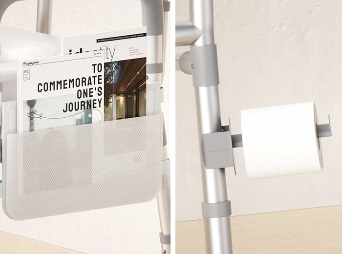 Side storage pocket and toilet paper holder attached to the HOMLAND C9 bedside commode frame