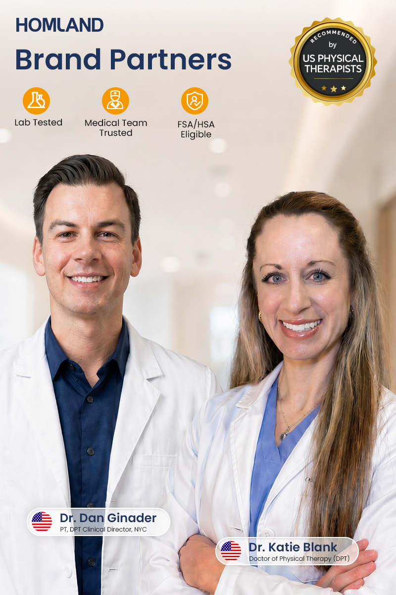 HOMLAND brand partners Dr. Dan Ginader and Dr. Katie Blank, US physical therapists recommending senior care products