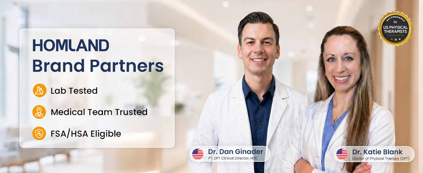 HOMLAND brand partners Dr. Dan Ginader and Dr. Katie Blank, US physical therapists recommending senior care products