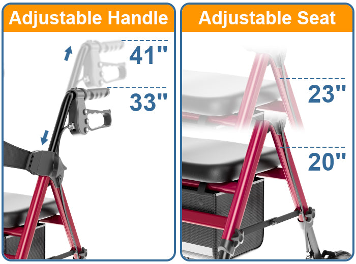 R11 adjustable handle and seat height graphic showing 33 to 41 inch handles and 20 to 23 inch seat