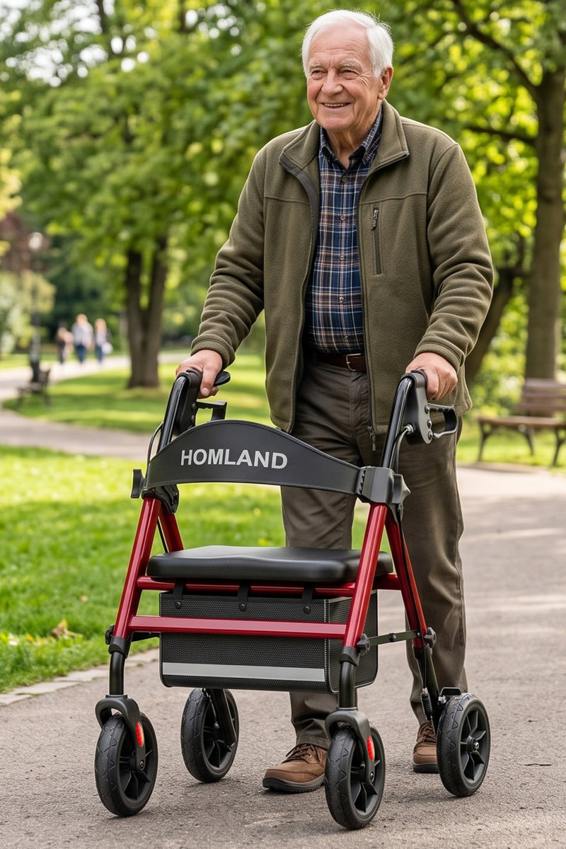 Senior walking with the red HOMLAND R11 rollator on a park path