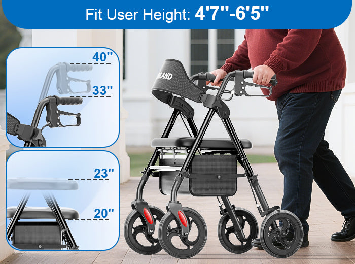 R15 rollator showing adjustable 33-to-40-inch handles and 20-to-23-inch seat height