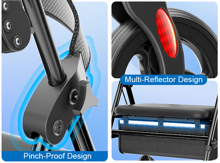 R15 rollator folding joint, front wheel reflector, and rear reflective strip details