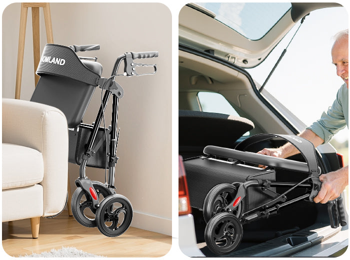 R15 rollator folded beside a sofa and loaded into a car trunk