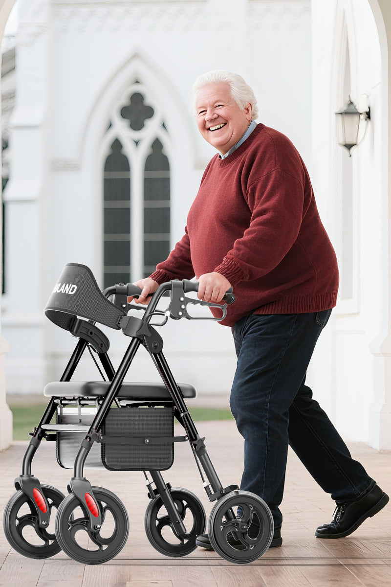 Senior man using the HOMLAND R15 bariatric rollator on an outdoor walkway