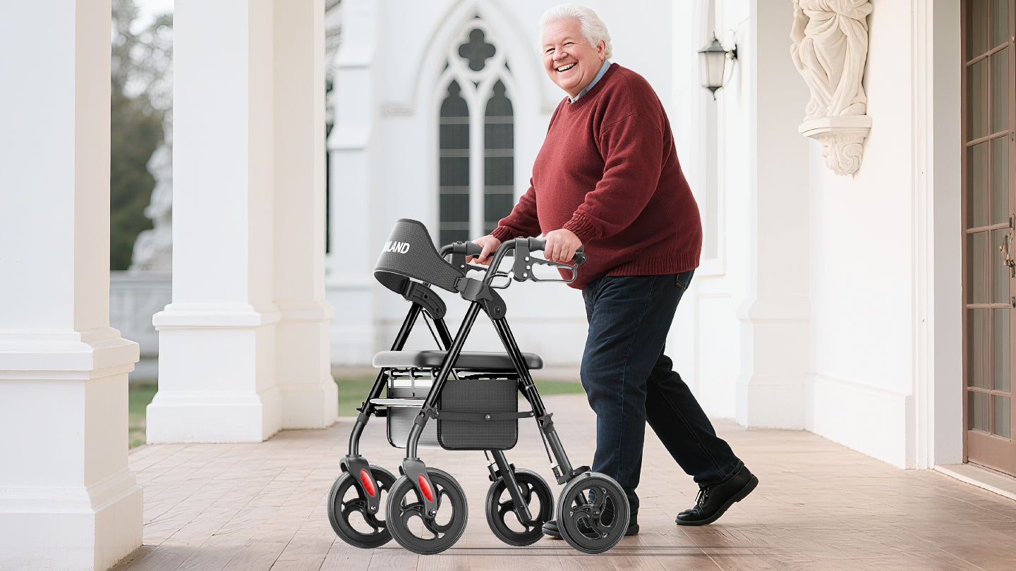 Senior man using the HOMLAND R15 bariatric rollator on an outdoor walkway