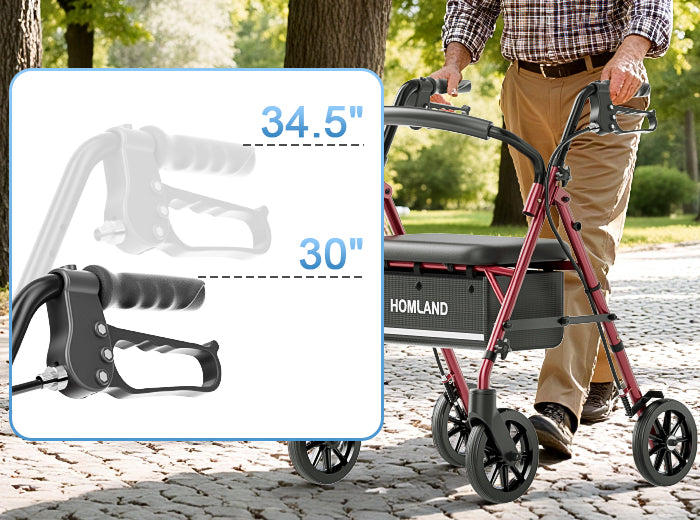 A rollator walker handle is shown with height adjustment markings from 30 inches to 34.5 inches.