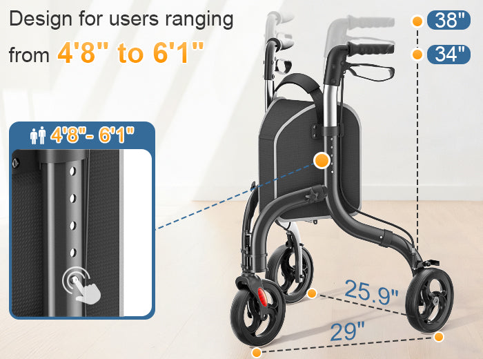 The walker handles are shown with adjustable height settings on the frame.