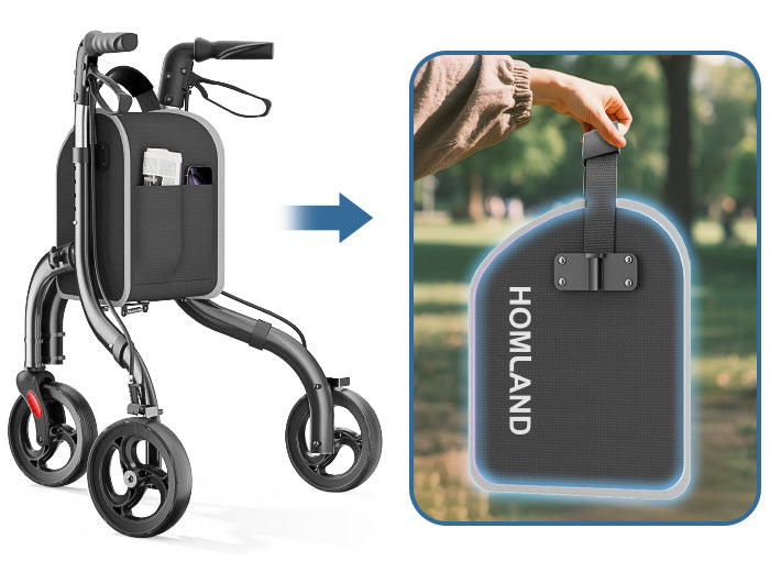 A close-up shows the front storage bag attached to the walker and can be remove from walker carrying on.