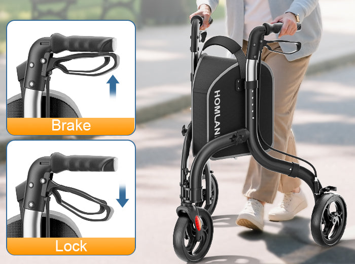A hand holds the brake handle on a three-wheel walker.
