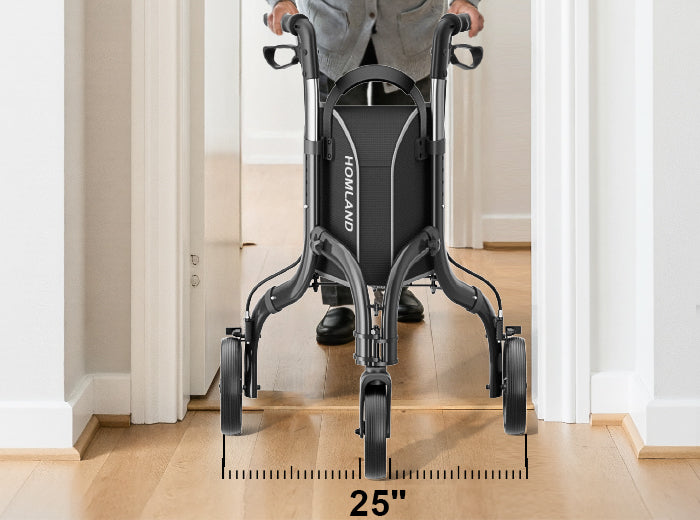 An older adult uses a three-wheel walker while moving through a bright indoor hallway.