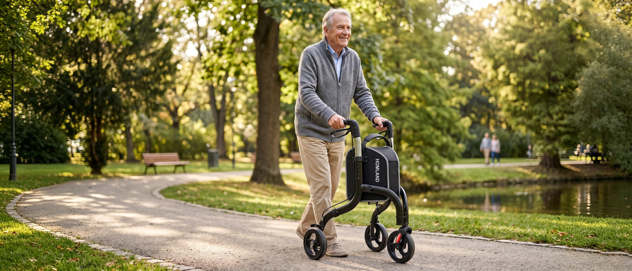 Senior man walking outdoors with a HOMLAND R4 3-wheel walker and front storage bag on a park path.