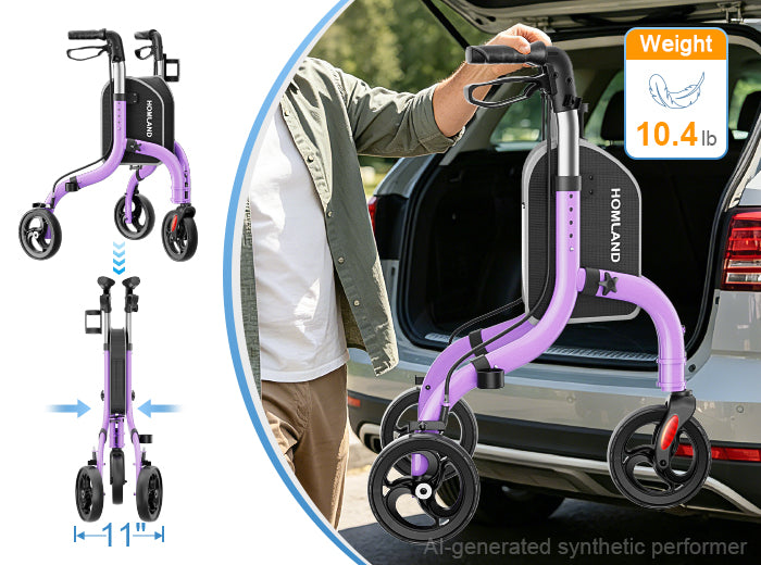 RW310 folded walker being lifted near a car trunk with 10.4-pound weight callout