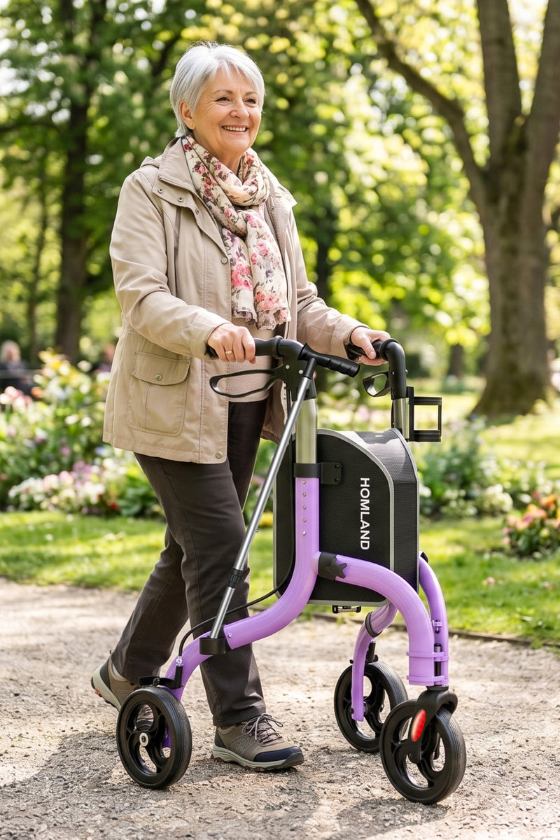 Senior woman using the RW310 walker in the park.