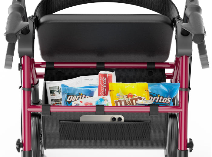 Under-seat storage bag on the RW410 rollator holding snacks, paper, and a phone