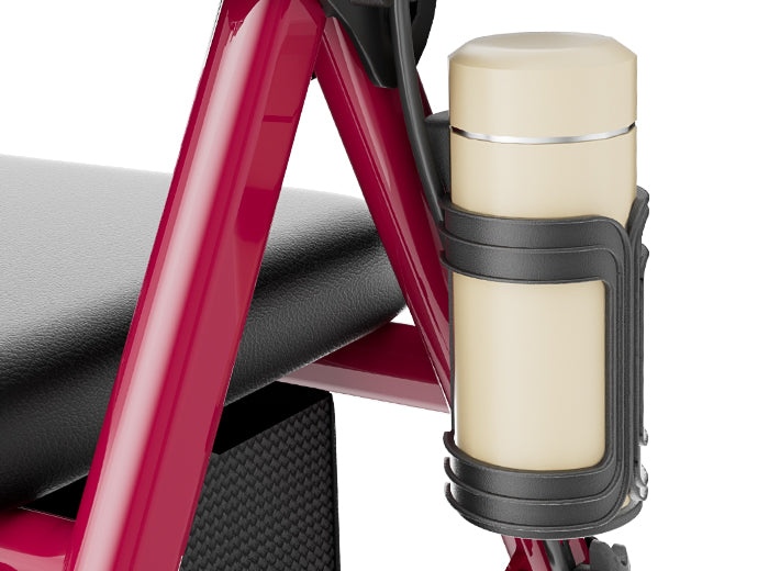 Cup holder mounted beside the RW410 rollator seat with a bottle inside