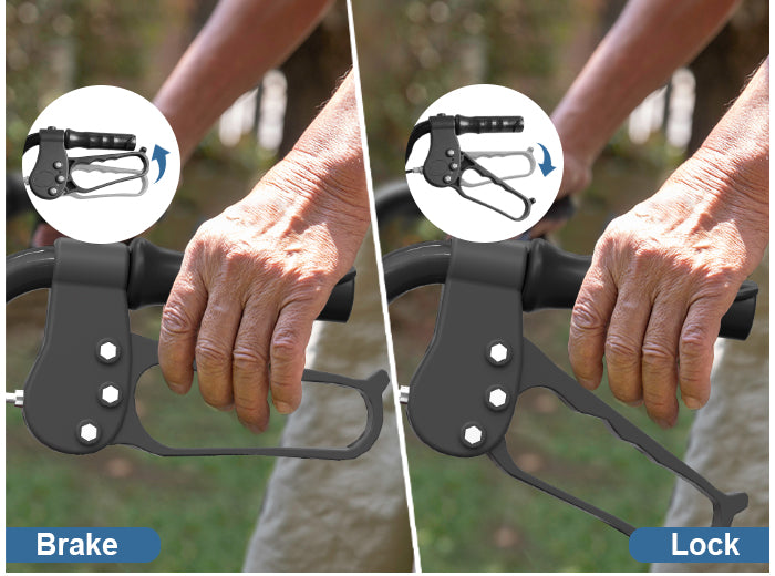 Close-up of rollator hand brake and parking lock positions